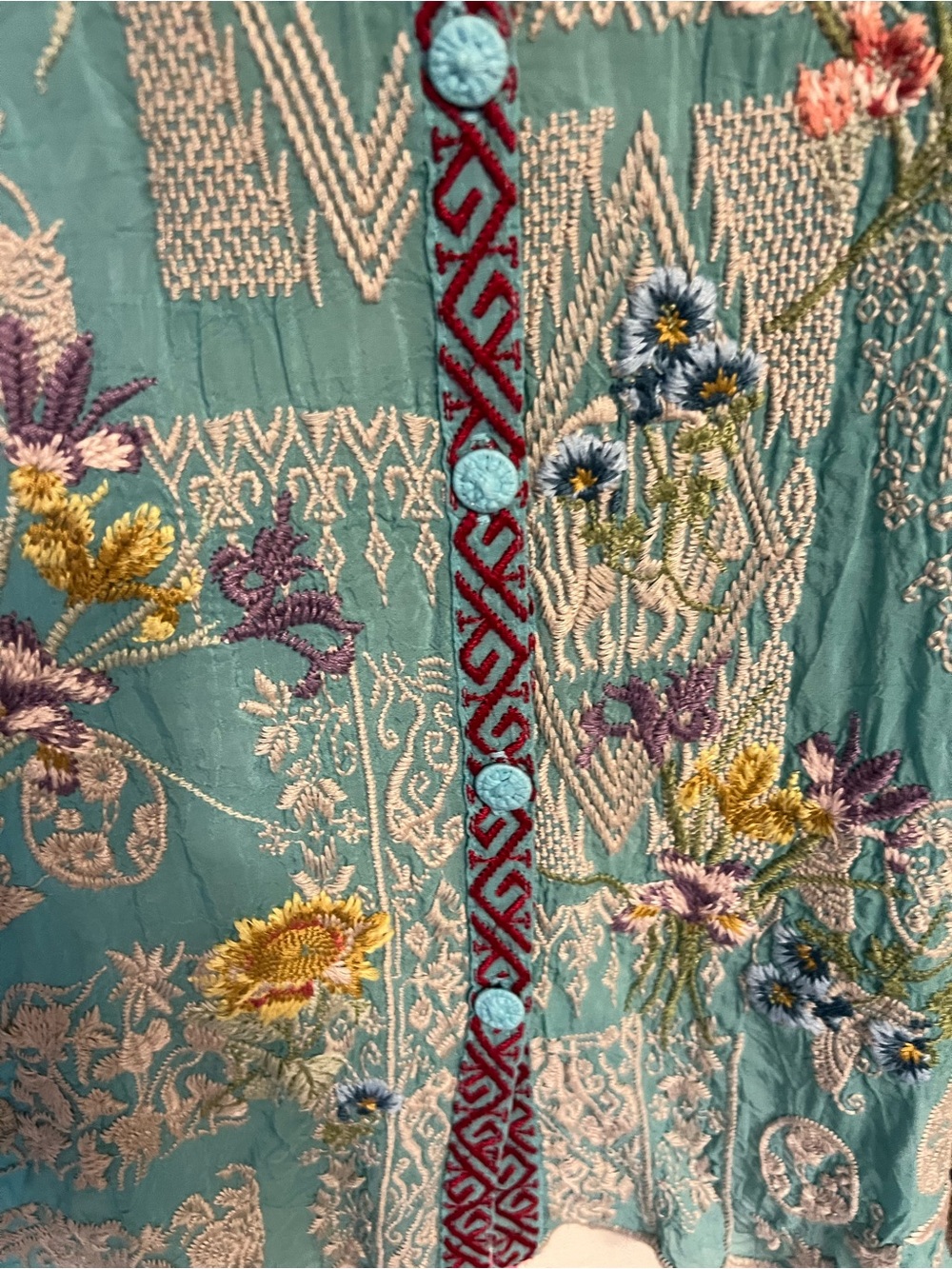 Johnny Was Embroidered silk Turquoise Floral Button-Front Women's Top - Picture 2 of 16